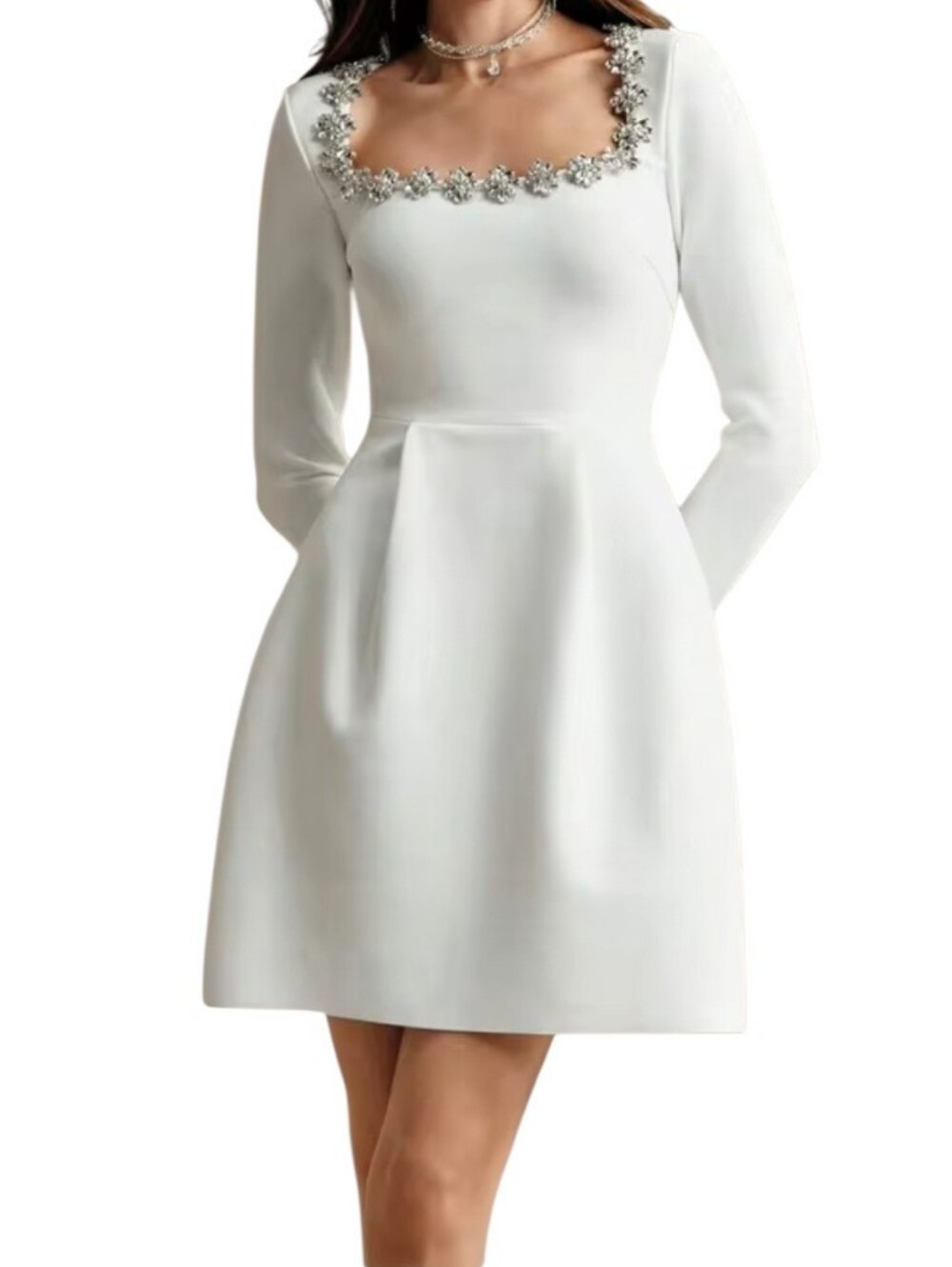 Anewsta Nwt White Textured Knit Longsleeve Rhinestone Floral Square Neck Dress